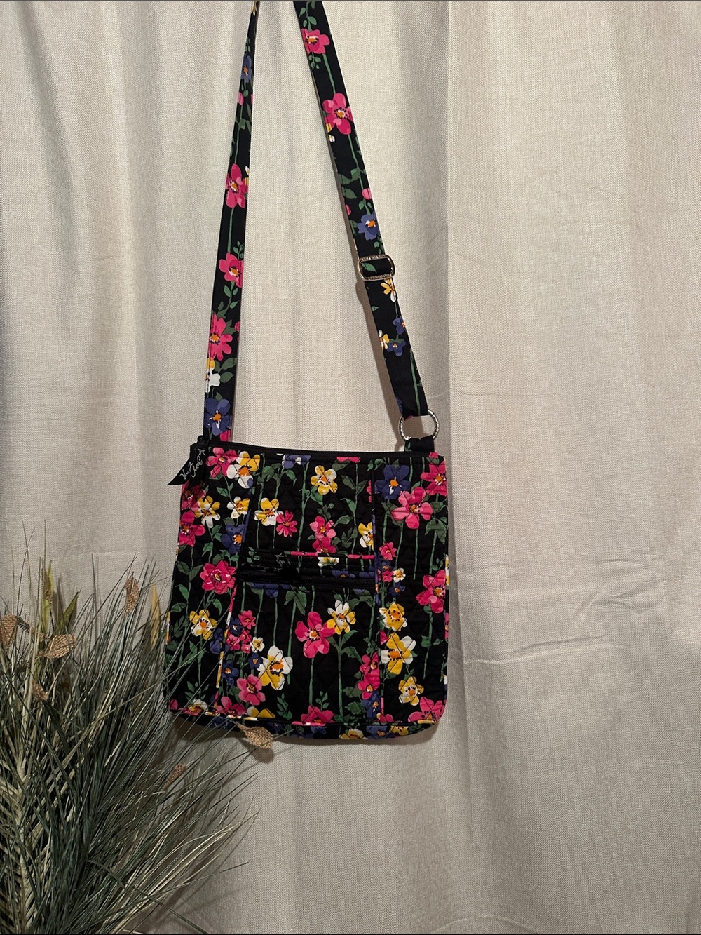 Vera Bradley Black Floral Quilted Crossbody with Pink & Yellow Flowers